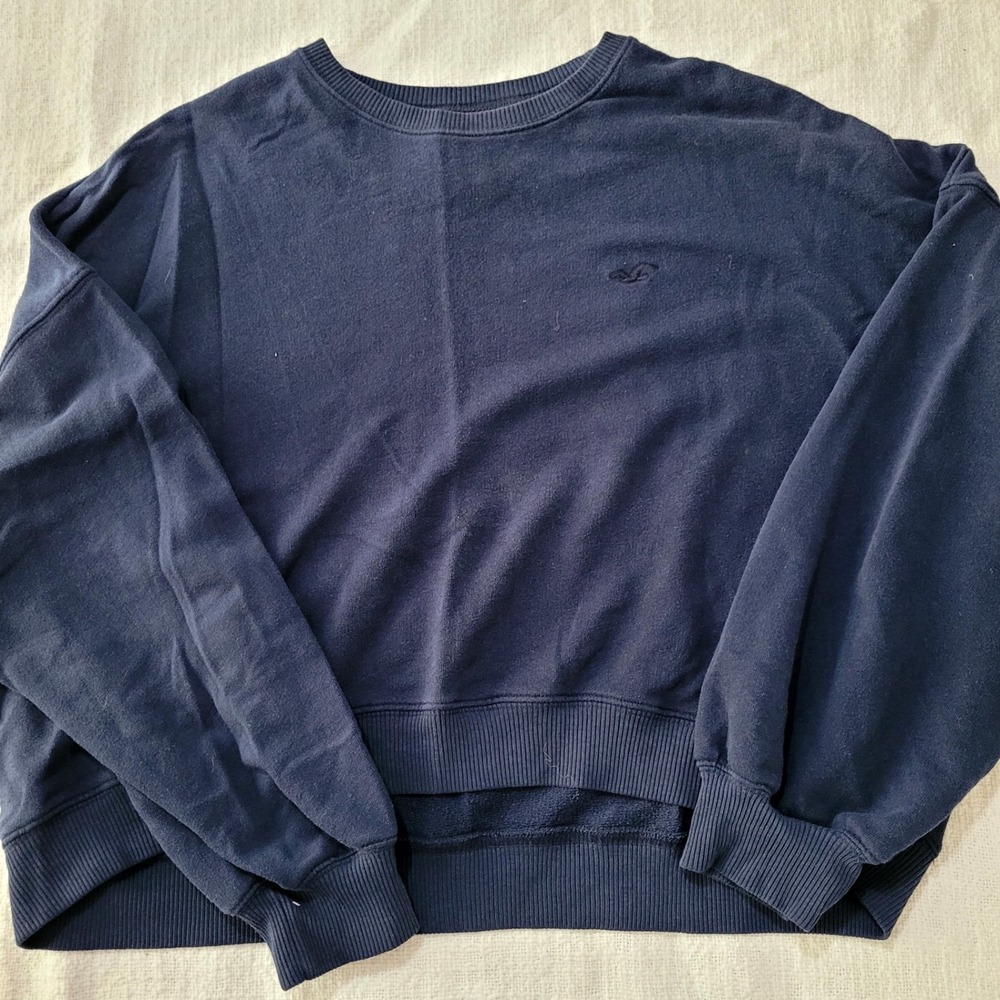 Hollister Mens Crewneck Sweatshirt Navy Blue Embroidered Logo Fleece Pullover L